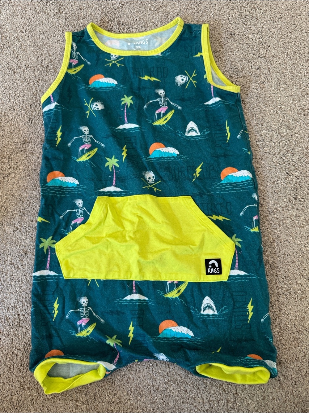 Rags 3/4 Teal & Yellow Surf Skeleton Romper